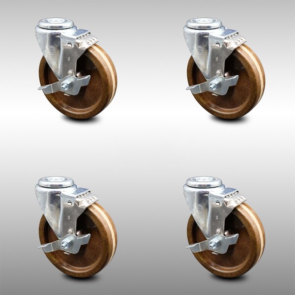 Service Caster 5 Inch SS High Temp Phenolic Wheel Swivel Bolt Hole Caster Set with Brake SCC SCC-SSBH20S514-PHSHT-TLB-4 - main